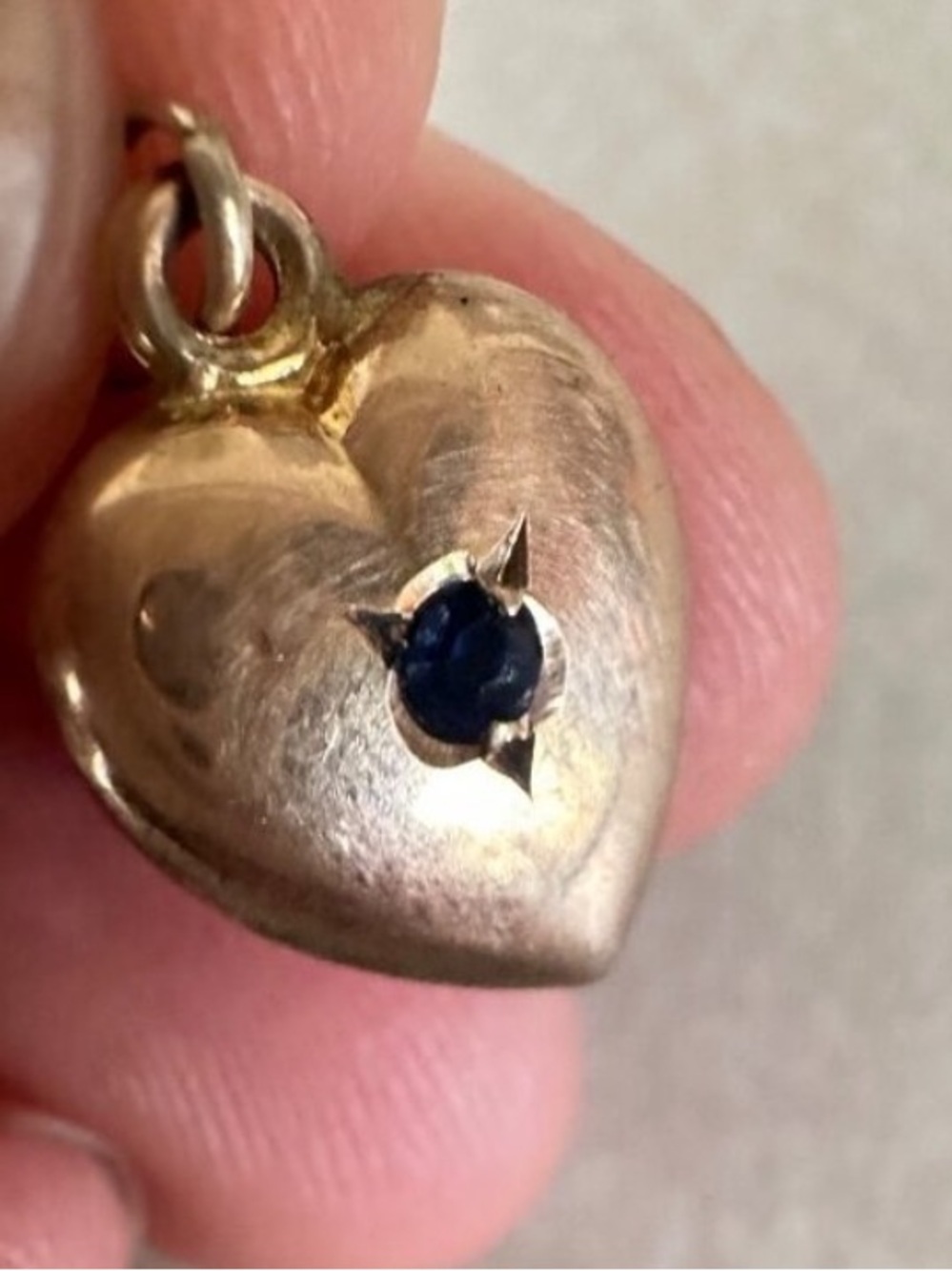 Antique 9k Gold Puffy Heart Pendant with Sapphire Victorian - Picture 3 of 7